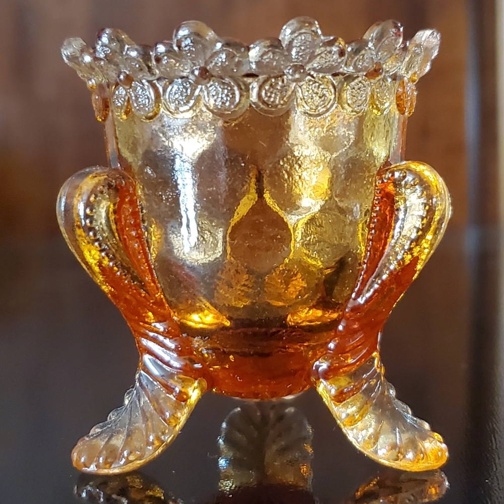 Vntg "Forget Me Not" Amber Pinkish Glass Toothpick Holder by Degenhart